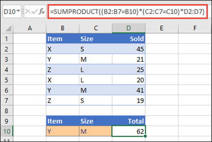 Beispiel für die Verwendung der SUMPRODUCT-Funktion zum Zurückgeben des Gesamtumsatzes bei Angabe von Produktname, Größe und individuellen Umsatzwerten für jeden.