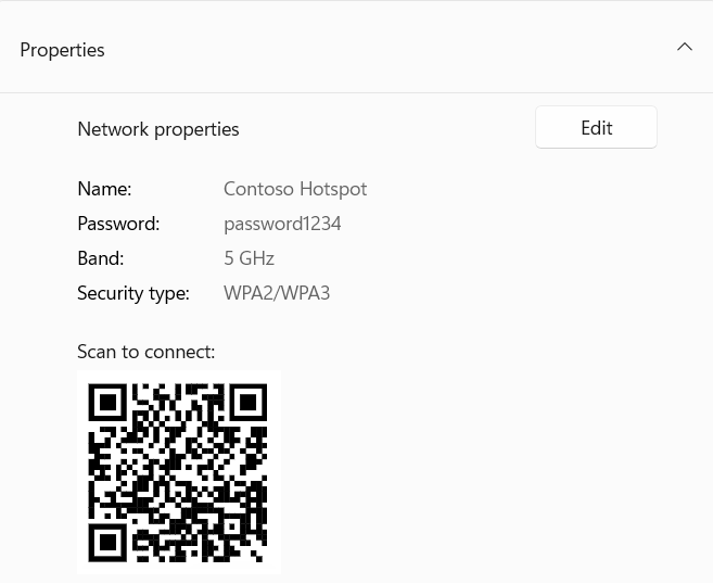 Screenshot eines QR-Codes, der zum Herstellen einer Verbindung mit einem Windows-Gerät verwendet wird, das als Hotspot fungiert.