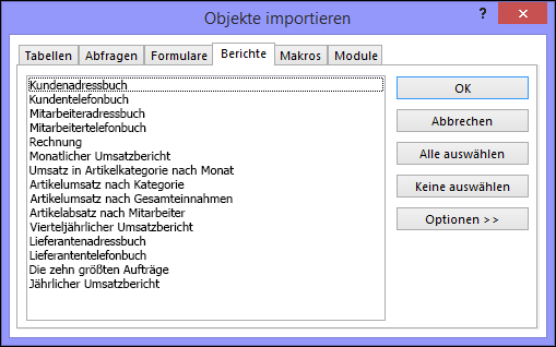 Dialogfeld "Objekte importieren" in einer Access-Datenbank