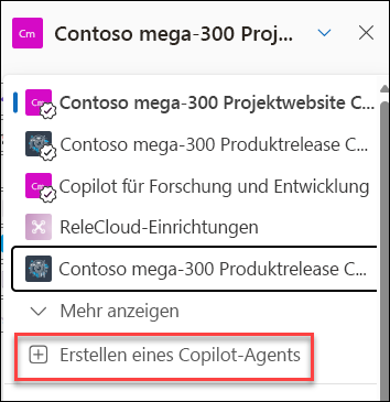 Der Screenshot der Erstellung eines neuen Copilot-Agenten aus dem Chatbereich