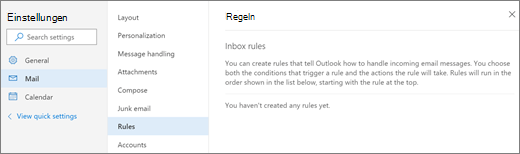 Ein Screenshot zeigt die Seite „Regeln“ in Mail unter Einstellungen für Outlook.com an.