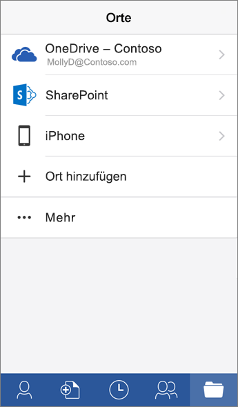Screenshot des Bildschirms "Orte" in der mobilen Word-App