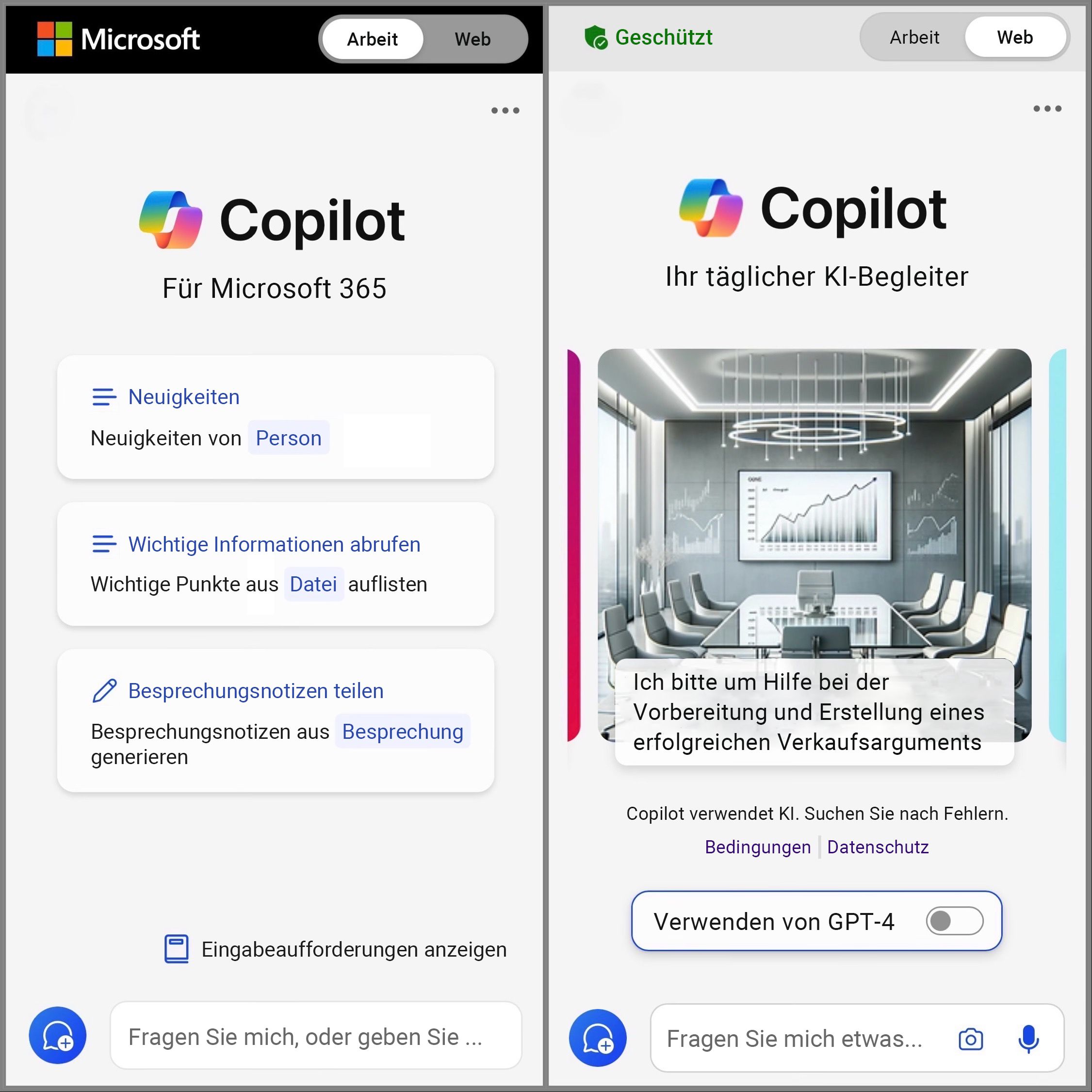 Zeigt den Bildschirm von Copilot Mobile an, der auf "Web" und "Arbeiten" umgeschaltet ist, um auf die Chat-Eingabeaufforderung zuzugreifen.