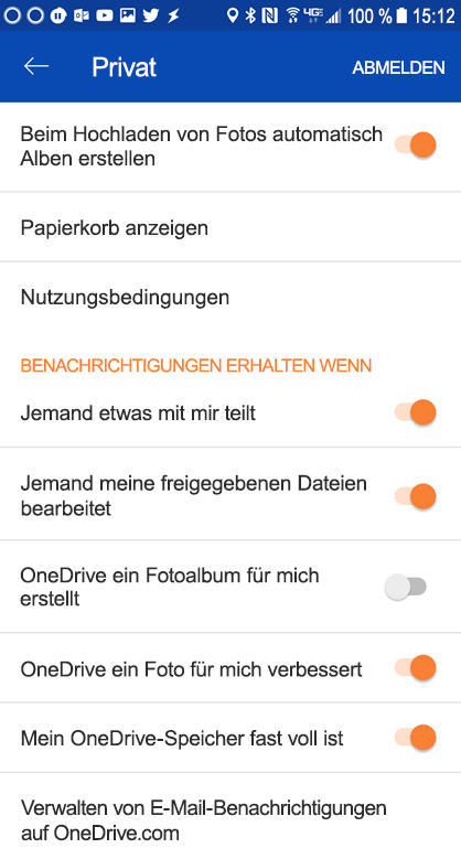 Wechseln Sie zu den Einstellungen Ihrer App OneDrive für Android, um die Benachrichtigungseinstellungen zu ändern.