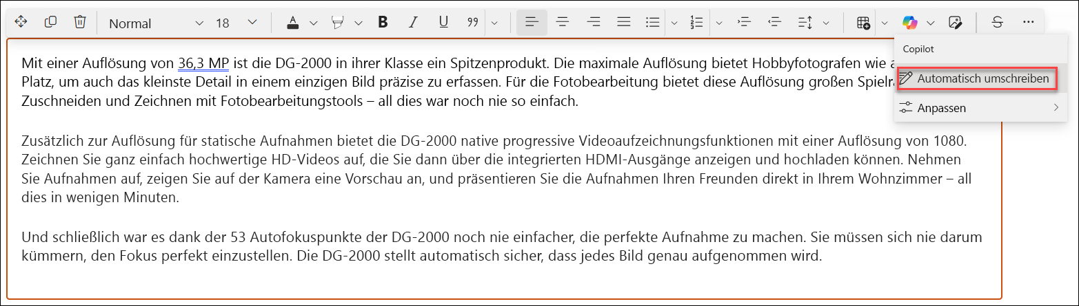 Automatisches Umschreiben zuvor: Screenshot des Beispiels