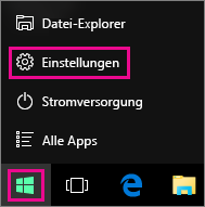 Aufrufen der Einstellung unter "Start" in Windows 10