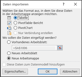 Dialogfeld "Daten importieren" in Excel 2016