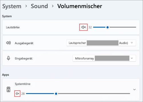 Anzeigen von Lautstärke- und Standardaudiogeräten im Windows 11-Lautstärkemixer.