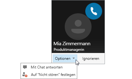 Screenshot einer Anrufbenachrichtigung bei geöffnetem Menü "Optionen"