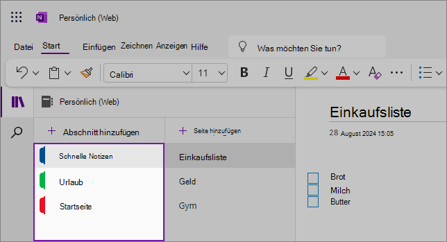 Ansicht der OneNote-Weboberfläche mit dem Inhaltsbereich