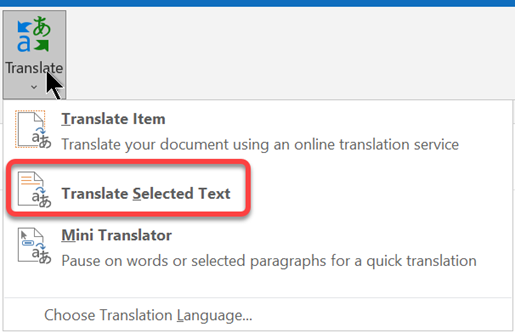 Die Option Ausgewählten Text übersetzen übersetzt den von Ihnen angegebenen Text.
