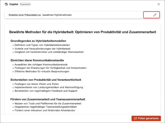 Screenshot: Liste der von PowerPoint Copilot generierten Themen.