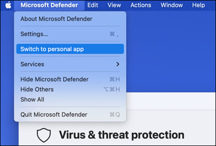 Das Microsoft Defender Menü geöffnet, in dem "Zur persönlichen App wechseln" ausgewählt ist.
