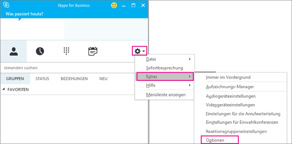 Wählen Sie in Skype for Business das Symbol für Extras und dann Extras > Optionen aus.