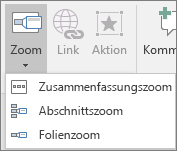Zeigt verschiedene Typen von Zooms, die ausgewählt werden können, wenn Sie zu "Einfügen" > "Zoom" wechseln:"Zusammenfassungszoom", "Folienzoom" und "Abschnittszoom". 