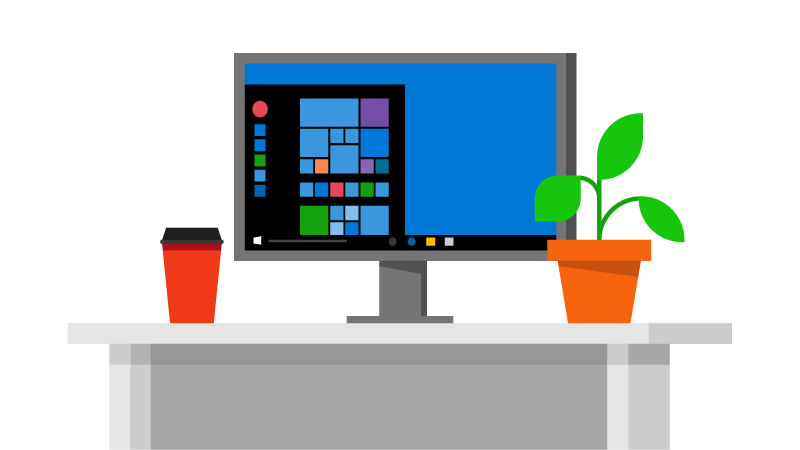Abbildung eines Computers auf einem Schreibtisch, mit Kaffee und Pflanze