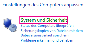 "System und Sicherheit"-Link unter Windows 8 in der Systemsteuerung
