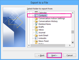 Export-Assistent von Outlook – Kontakte auswählen