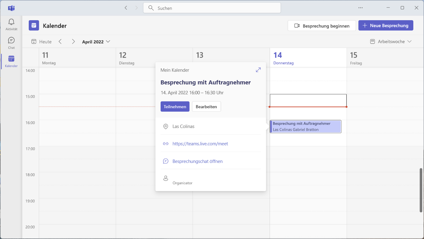 Outlook-Kalender, in dem das Kalenderbesprechungsfenster angezeigt wird.