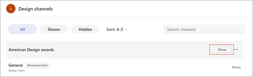 Zeigen Sie auf einen Kanalnamen, um "Show" auszuwählen.