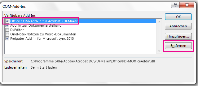 Aktivieren Sie das Kontrollkästchen des Office COM-Add-Ins "Acrobat PDFMaker", und klicken Sie auf "Entfernen".