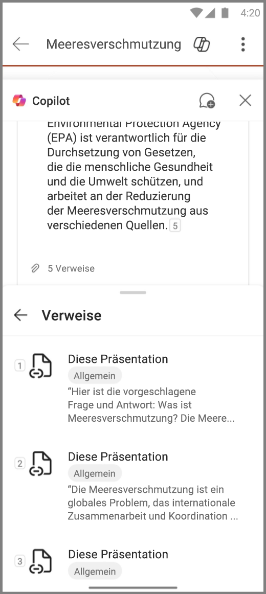 Screenshot von Copilot in PowerPoint auf einem Android-Gerät mit Verweisen für die Antwort „Dieses Deck zusammenfassen“
