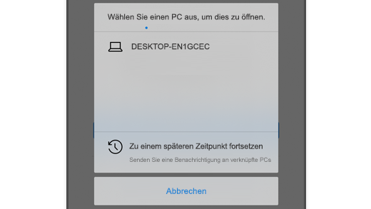 Screenshot: Auswählen eines PCs in Microsoft Edge unter iOS, sodass Benutzer Webseiten auf ihrem Computer öffnen können.