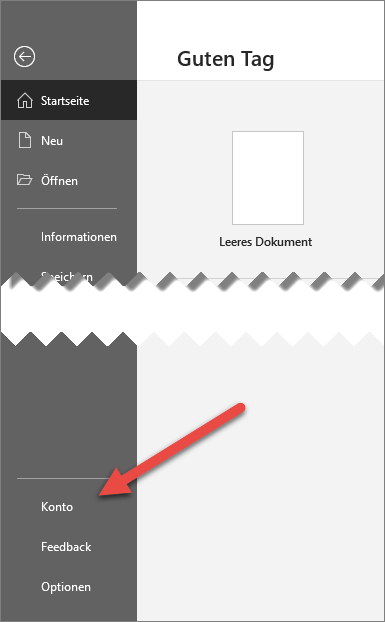 Registerkarte "Datei" in Office mit einem Pfeil, der auf die Option "Konto" zeigt
