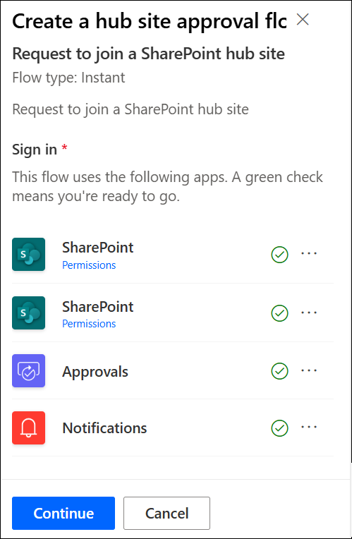 screenshot of hub site approval app signed in