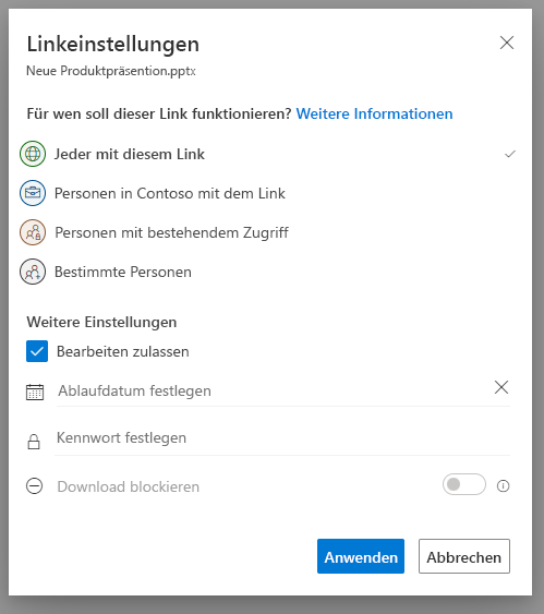 Screenshot des Popupfensters "Freigeben" in OneDrive.