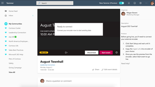 Screenshot showing starting a Live Event in Yammer
