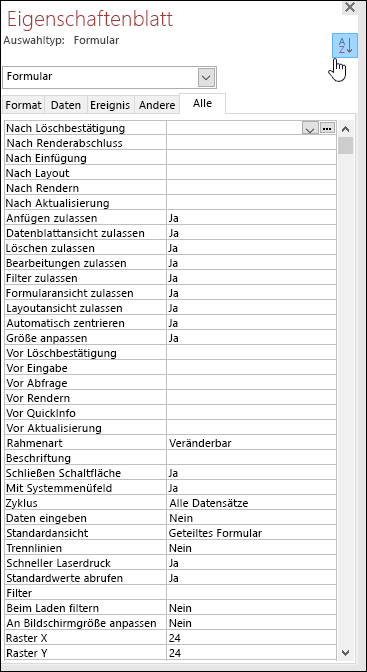 Screenshot des Access-Eigenschaftenblatts mit alphabetisch sortierten Eigenschaften