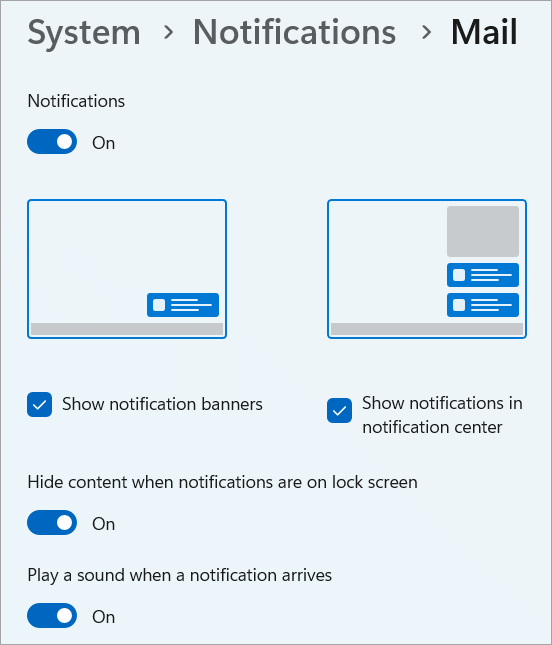 Benachrichtigungseinstellungen für die Mail-App in Windows 11.