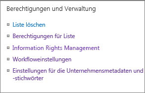 Liste der Links für "Berechtigungen und Einstellungen"