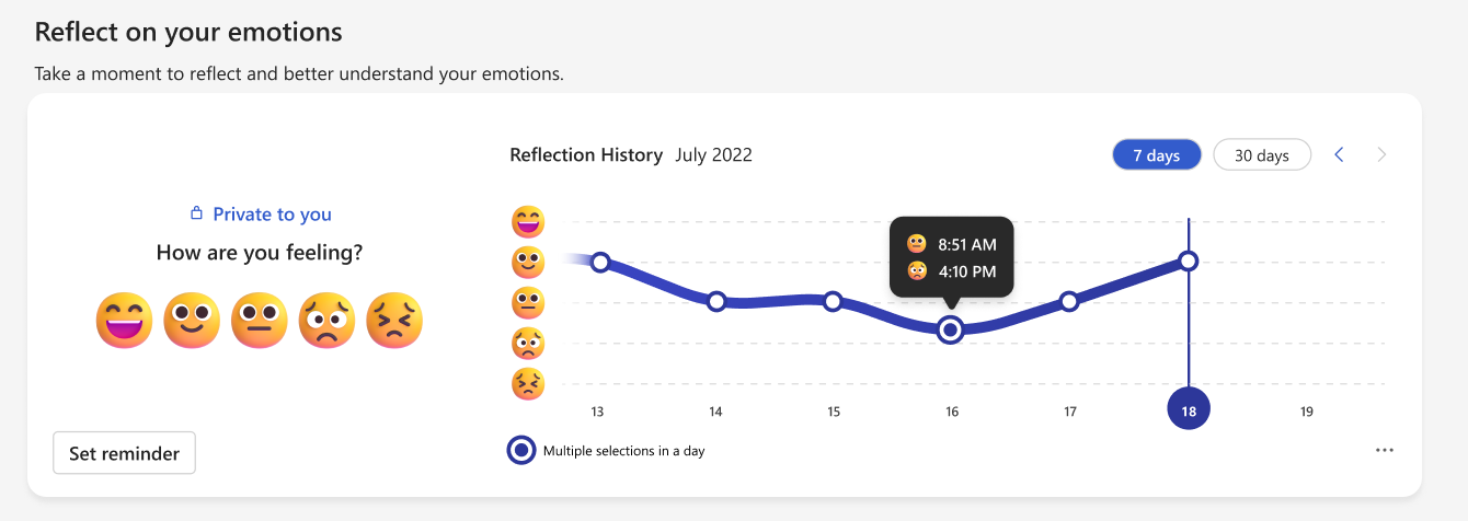 Screenshot: Abschnitt "Über Ihre Emotionen reflektieren" auf der Registerkarte "Wohlbefinden"