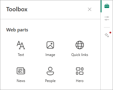 Screenshot: Toolbox und einige der verfügbaren Webparts