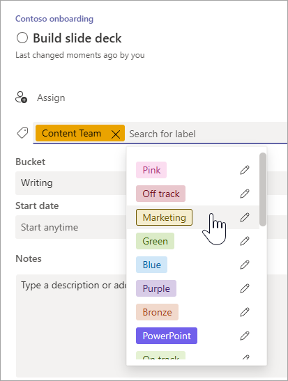 Auswählen einer Bezeichnung in Den Vorgangsdetails in Planner