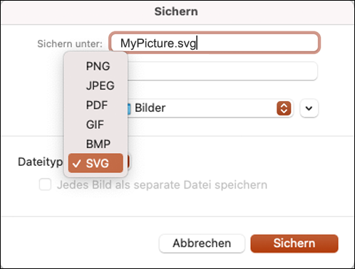 Dialogfeld "Speichern unter" in PowerPoint 2021 für Mac mit ausgewählter Option "SVG"