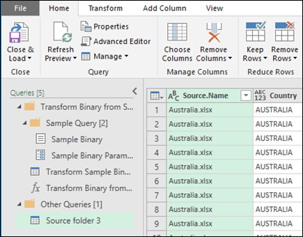 Dialogfeld "Binärdateien (Vorschau) kombinieren". Klicken Sie auf Schließen & Laden, um die Ergebnisse zu akzeptieren und in Excel zu importieren.