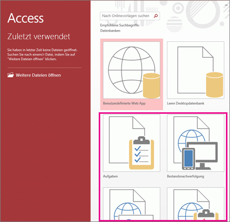 App-Vorlagen auf dem Access 2013-Startbildschirm