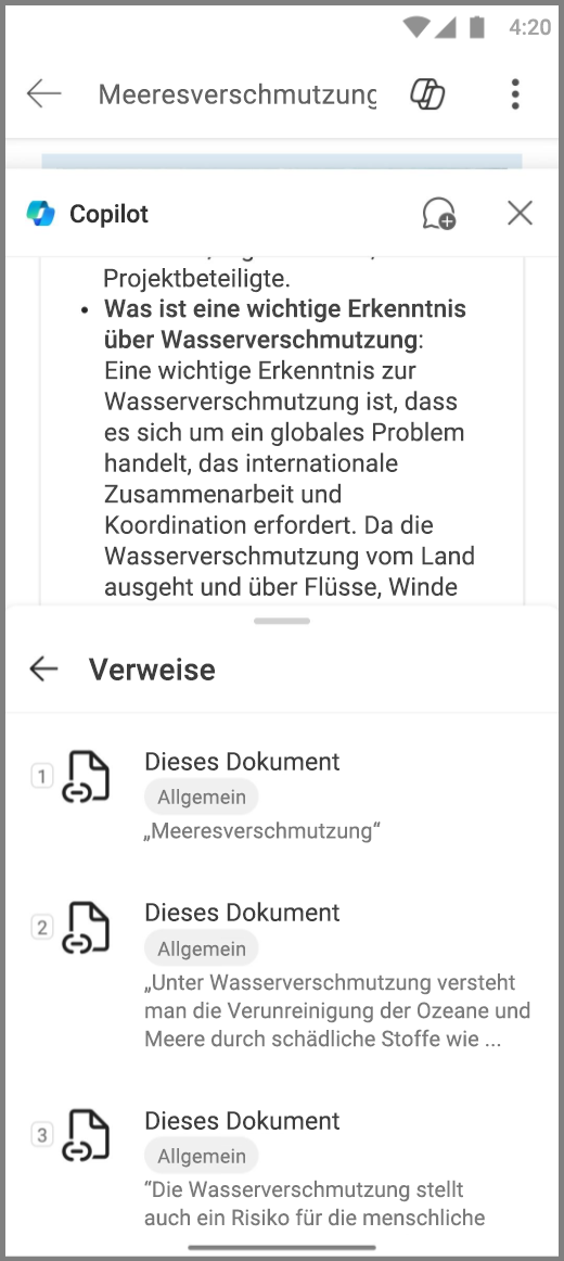 Screenshot von Copilot in Word auf einem Android-Gerät mit Verweisen auf die Antwort von Copilot
