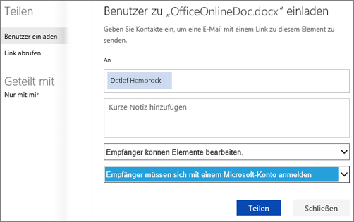 Screenshot des Dialogfelds "Freigeben" mit der Option "Empfänger müssen sich mit einem Microsoft-Konto anmelden"