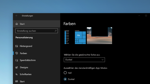 Die Seite "Farben" in Windows-Einstellungen wird im dunklen Modus angezeigt