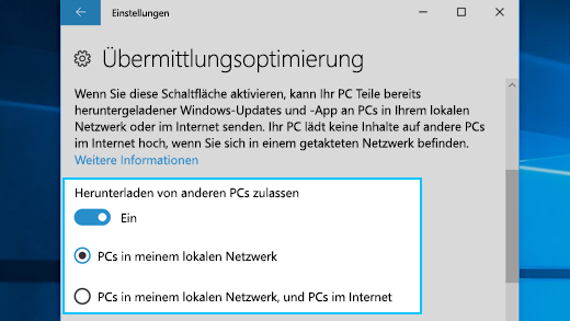 Einstellungen für die Übermittlungsoptimierung in Windows 10