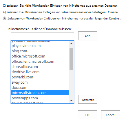 Festlegen der Einschränkungen für das Hinzufügen von iFrames