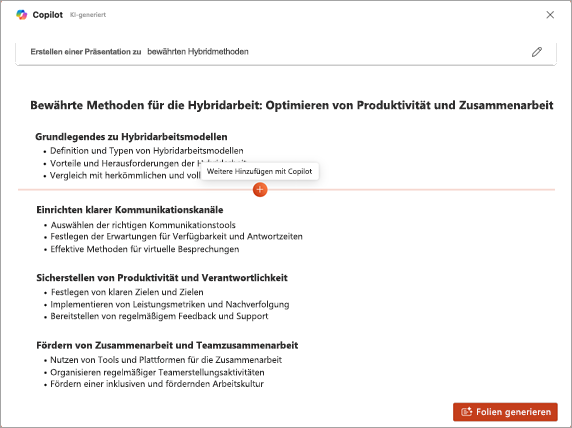 Screenshot: Feature „Mehr mit Copilot hinzufügen“ in PowerPoint Copilot.