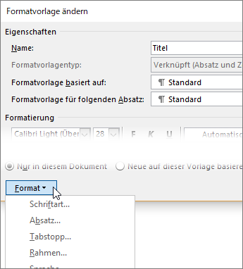 Die Schaltfläche "Format" befindet sich unten im Dialogfeld "Formatvorlage ändern".