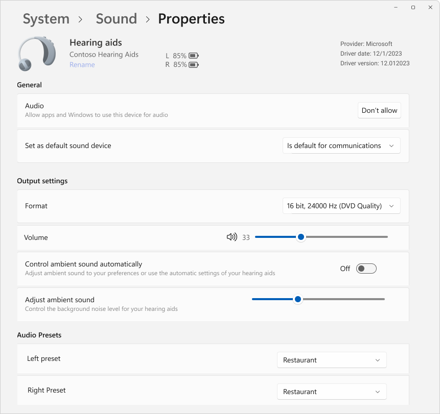 Screenshot: Einstellungen > System > Sound > Eigenschaften mit einigen verfügbaren Optionen zum Konfigurieren eines Hörgerätegeräts.