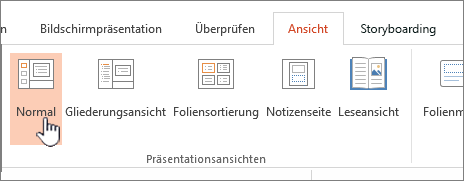 Menüband "Ansicht" mit hervorgehobener Option "Normal"