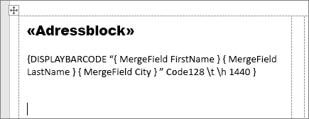 Ein Adressetikett mit Den Feldern "AddressBlock" und "Barcode"
